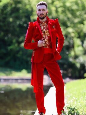 Mens Red Velvet Two-Piece Suit with Statement Jacket